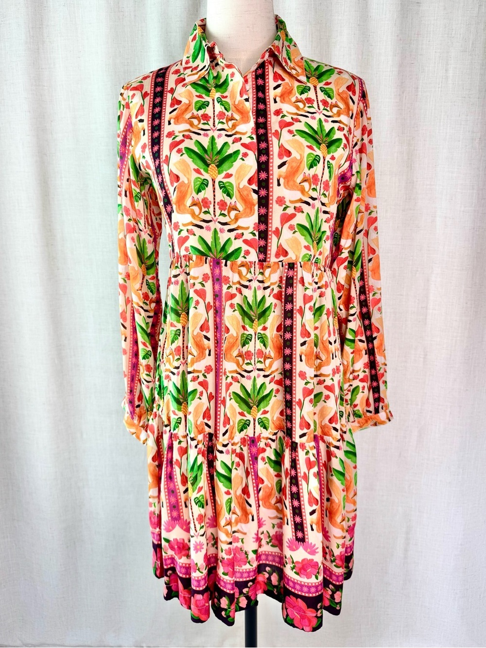 Briton Court Alma Mini Dress Palm Fox Floral Print Pink Trim Size XS NWT